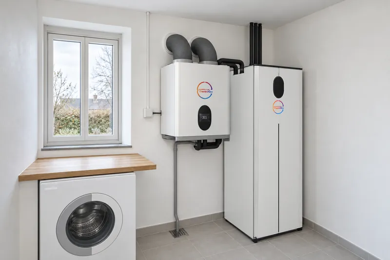 ThermRev Air Compact på ydervæggen i et bryggers med ThermRev Water Hub ved siden af
